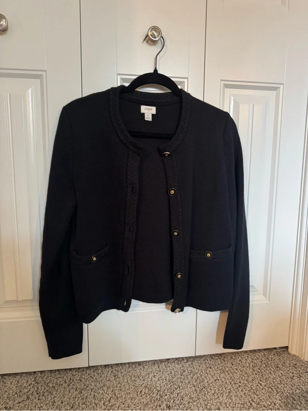 J. Crew Black Button-Front Crewneck Cardigan with Braided Trim